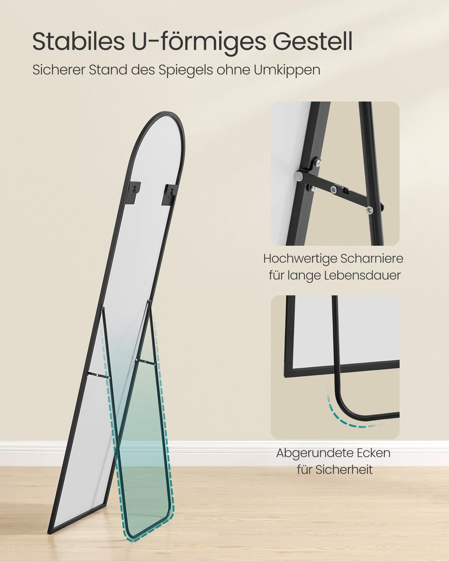 SONGMICS curved full-length mirror: aluminum alloy frame, tempered glass