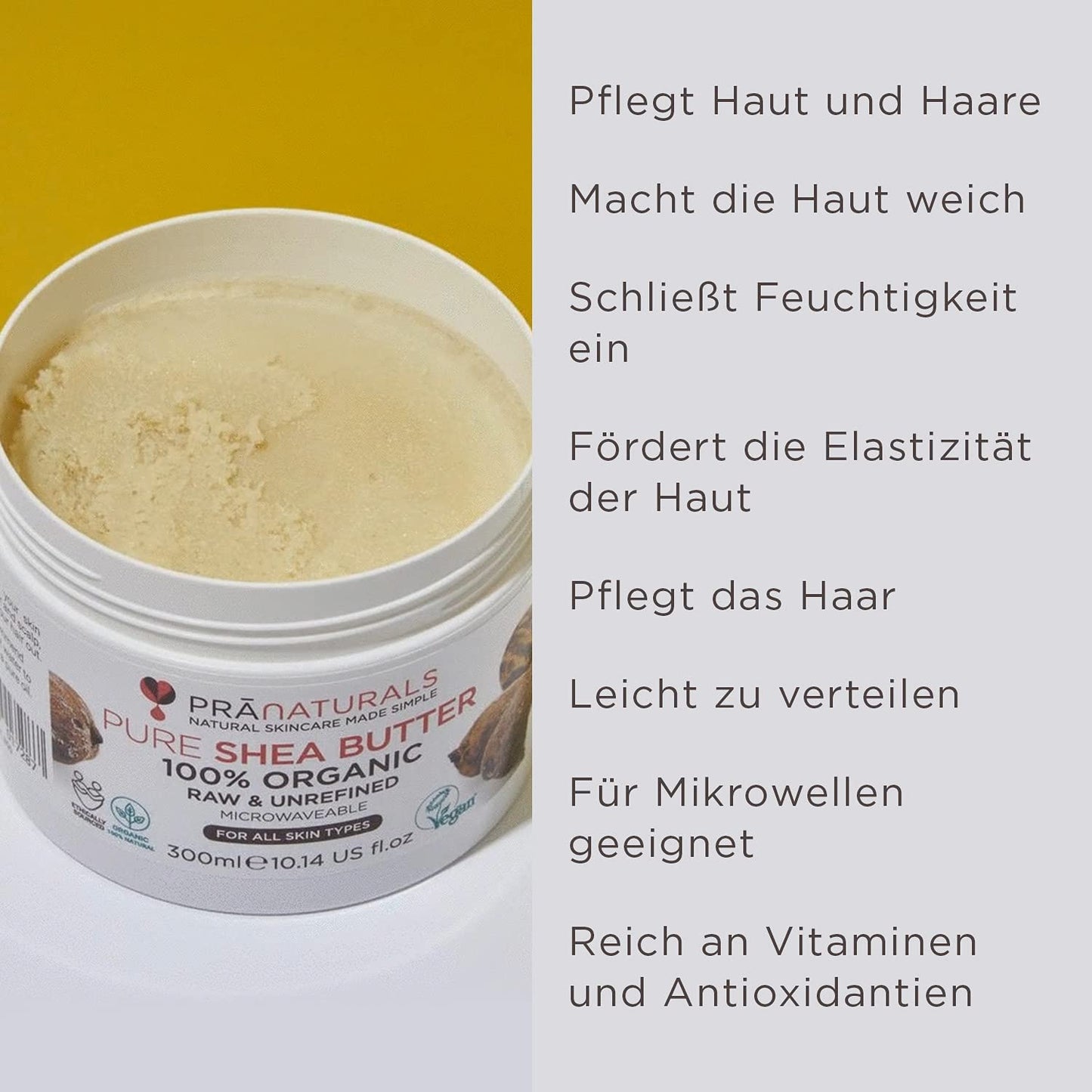 PraNaturals 100% Bio Sheabutter (300ml), Rohes, unraffiniertes Extra Virgin A-Grade