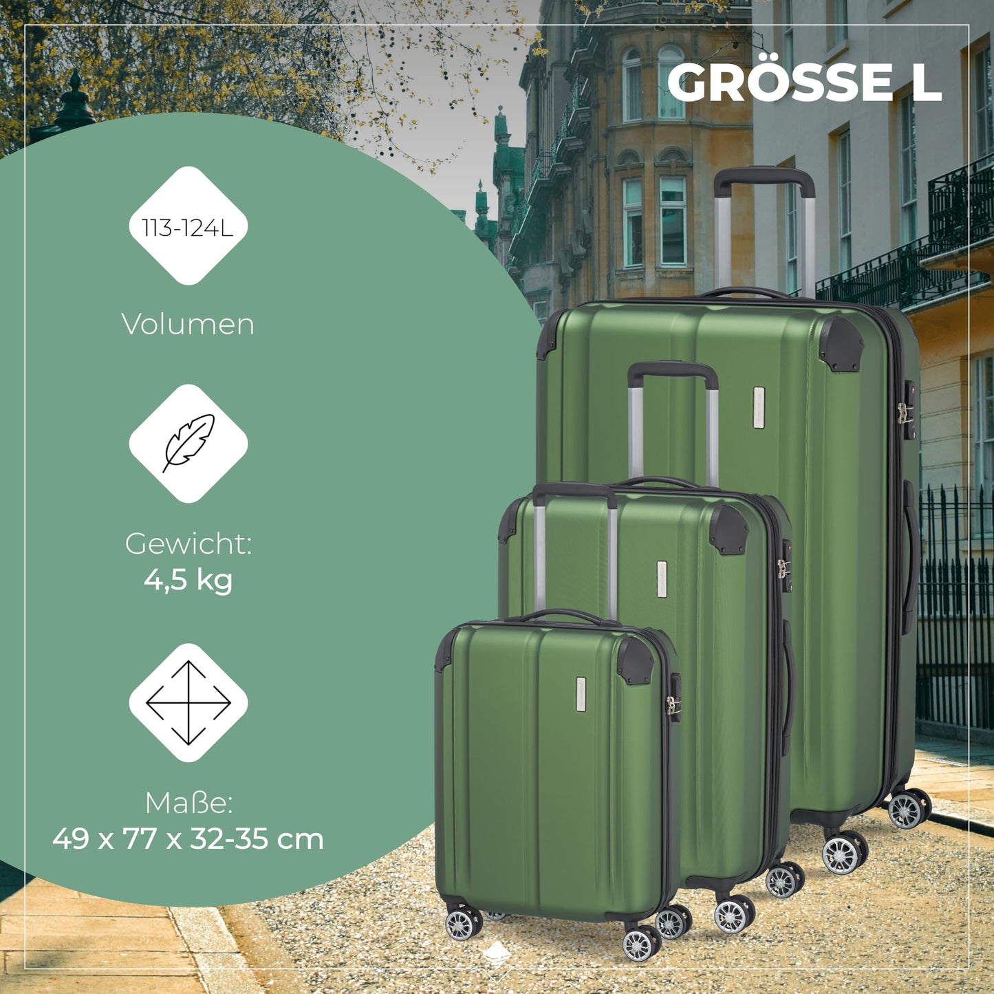 TRAVELITE hard-shell travel suitcase set with TSA lock + expansion pleat: scratch-resistant 