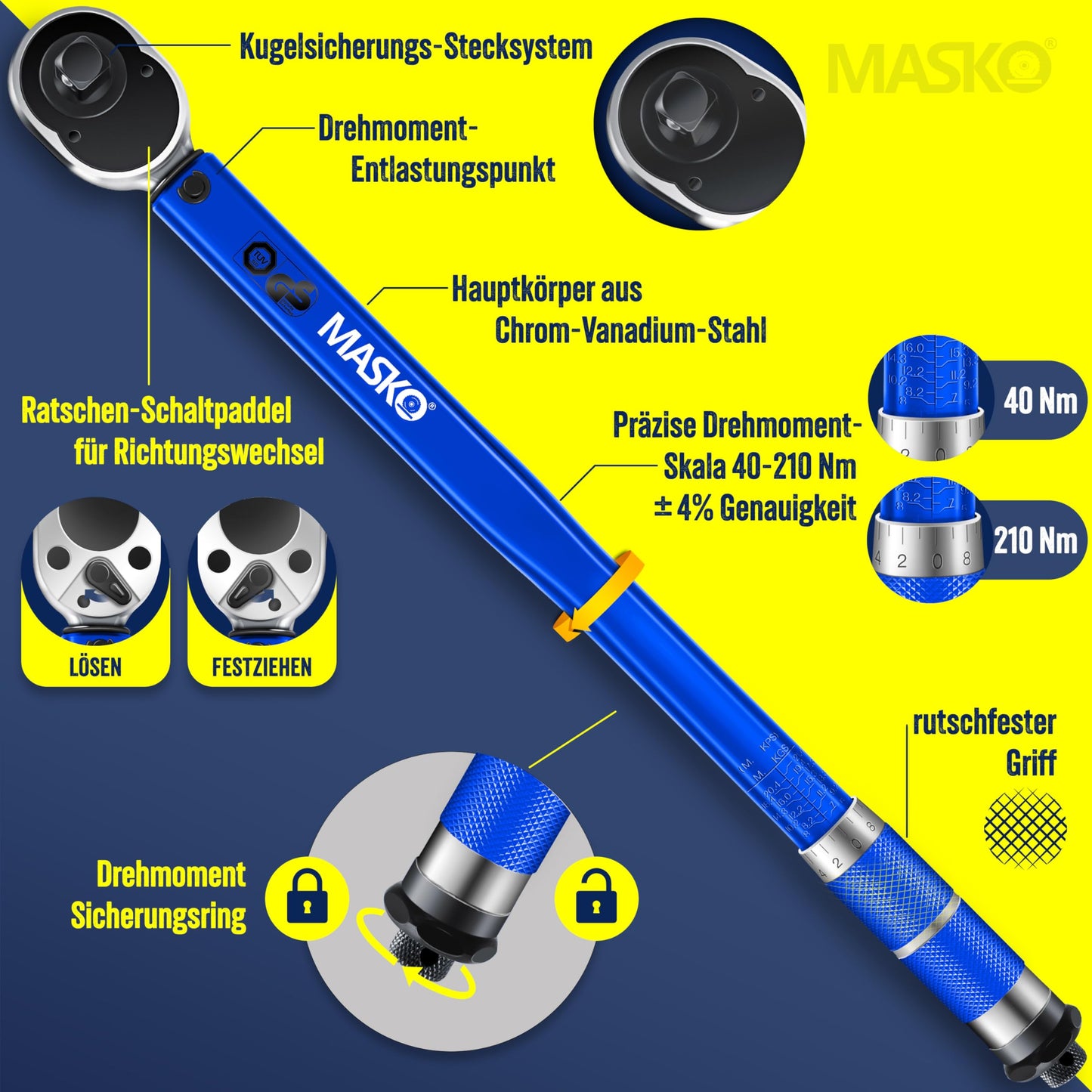 MASKO® torque wrench (6-piece): 40-210Nm 1/2' CV incl. 3 sockets + assembly gloves case