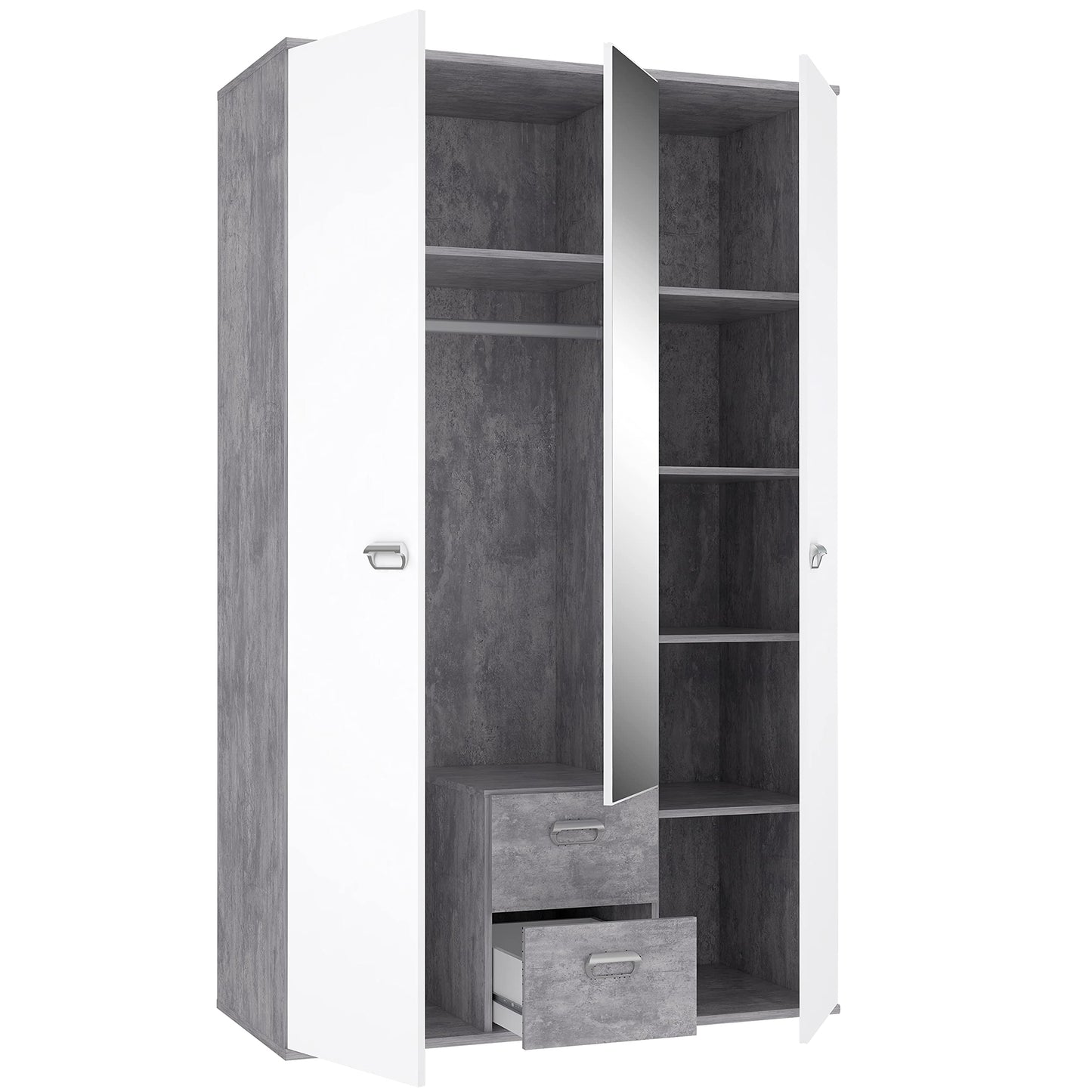 Wardrobe 'EMILY' with concrete look and mirror: light grey with white (Model: EMLS95-C251)