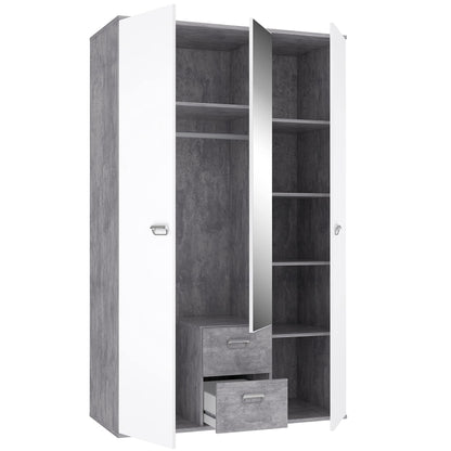 Wardrobe 'EMILY' with concrete look and mirror: light grey with white (Model: EMLS95-C251)