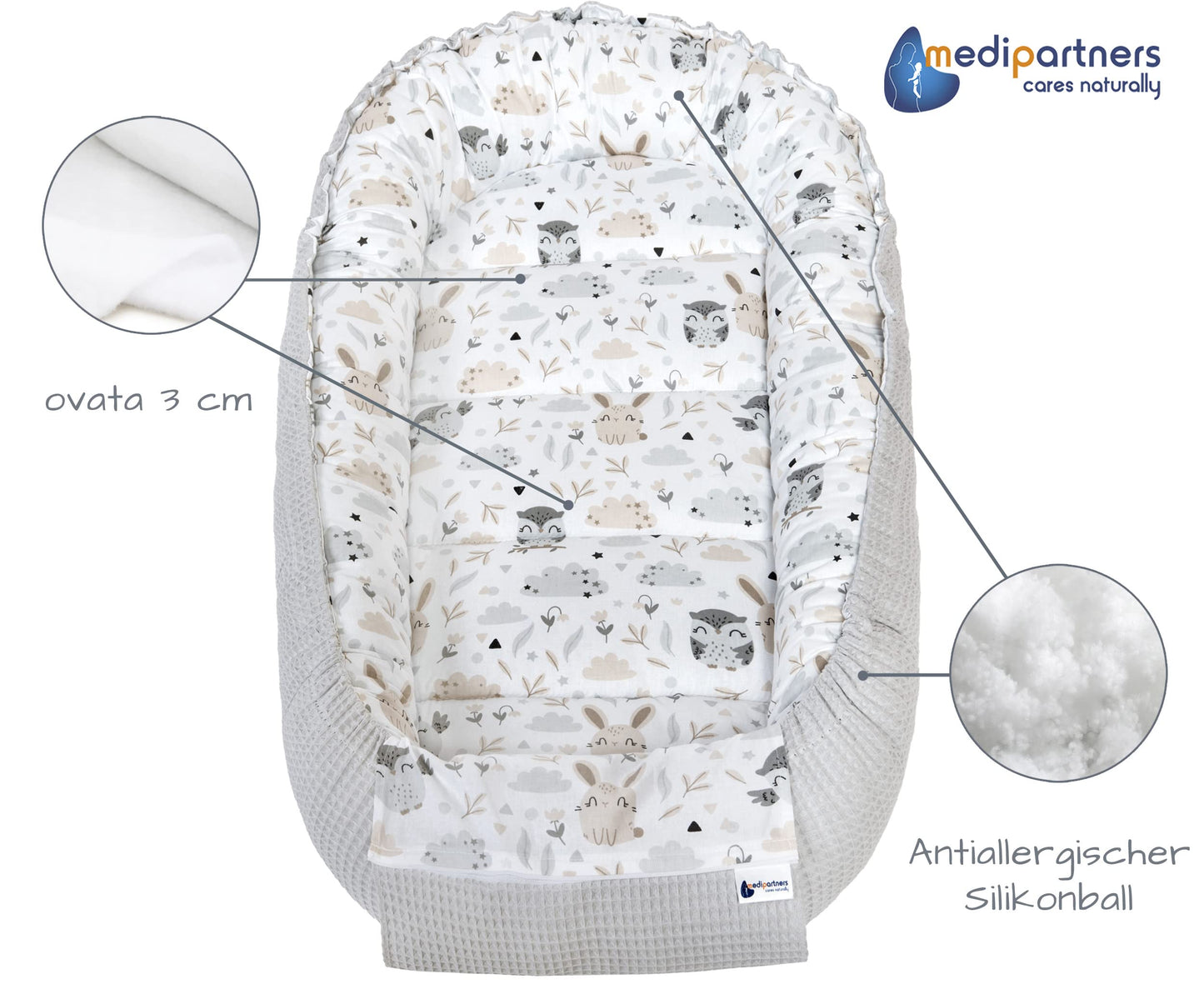 Medi Partners Baby-Nestchen für Neugeborene aus 100% Baumwolle (100x60x15cm): Eulen-Motiv