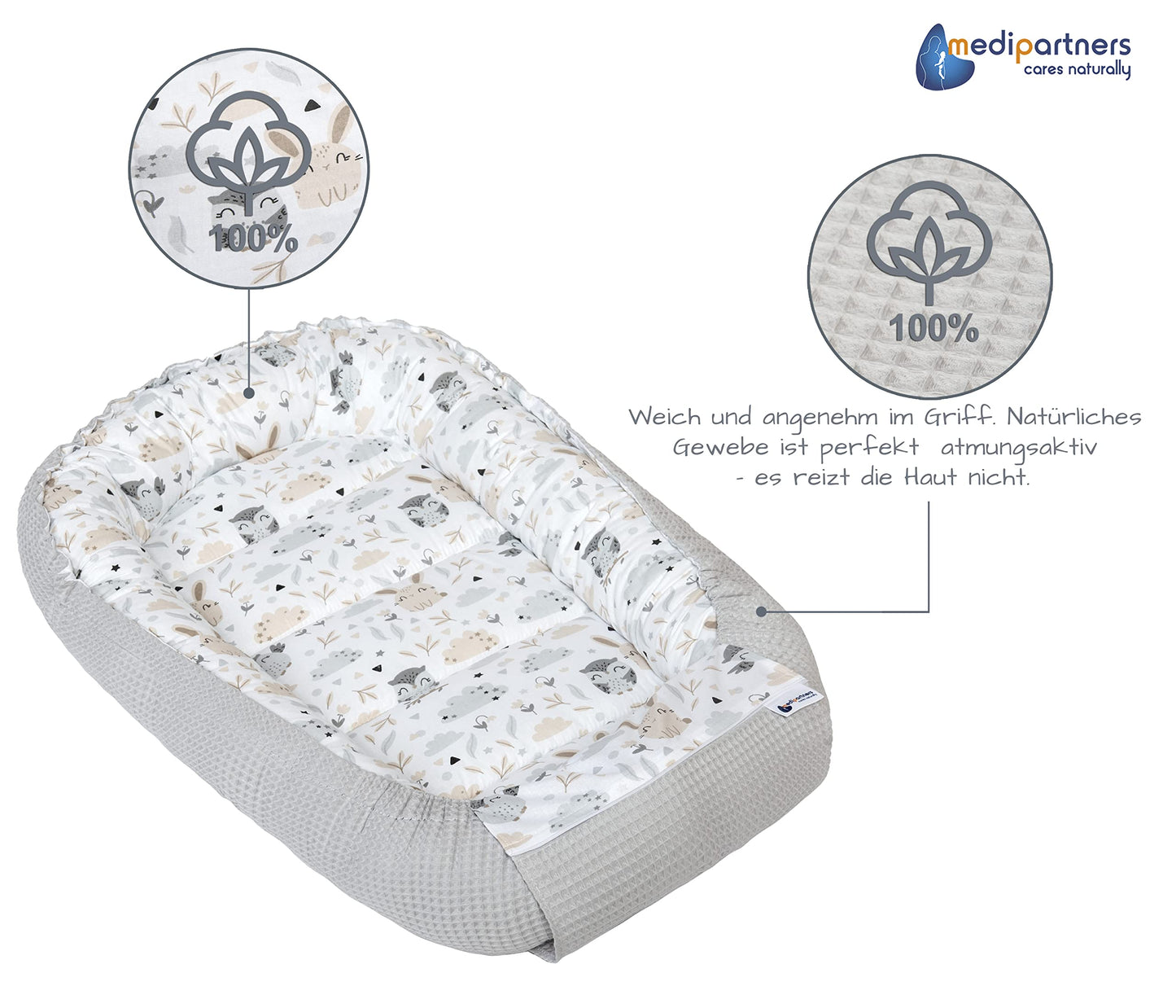 Medi Partners Baby-Nestchen für Neugeborene aus 100% Baumwolle (100x60x15cm): Eulen-Motiv