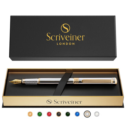 Scriveiner Silber Füllfederhalter Füller Edel mit Echtgold-Finish, Schmidt vergoldete Feder (mittel), Bestes Geschenk für Herren und Damen, Manager, Führungskräfte (Silber Chrom)