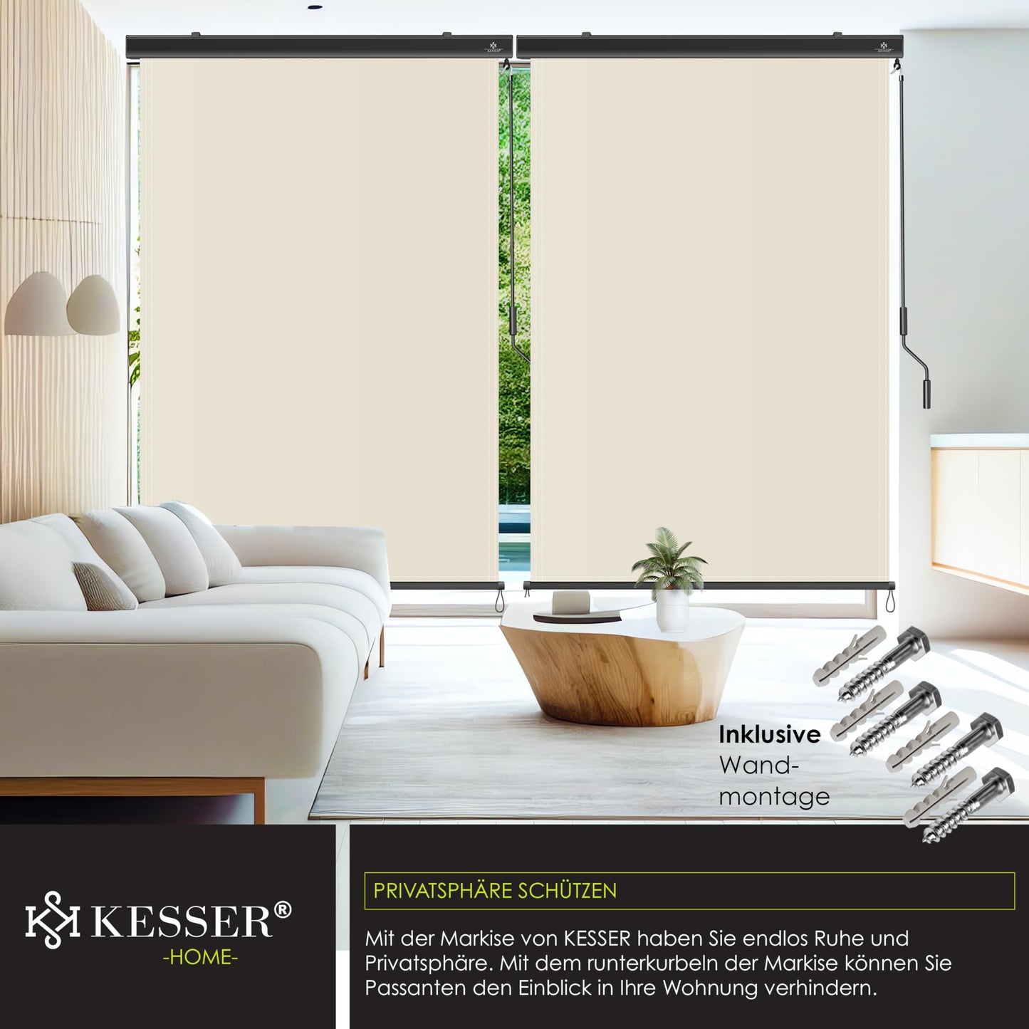 KESSER® Senkrechtmarkise mit Handkurbelmechanismus: Sonnen-und Sichtschutz inkl Montageset & Abdeckung