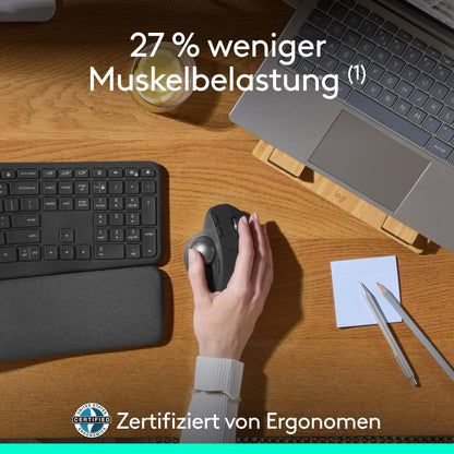 Logitech MX Ergo S Advanced Wireless Trackball Mouse, USB-C Rechargeable Wireless Ergonomic Mouse with Bluetooth and Encrypted Dongle, 6 Programmable Buttons, for PC/Mac - Graphite
