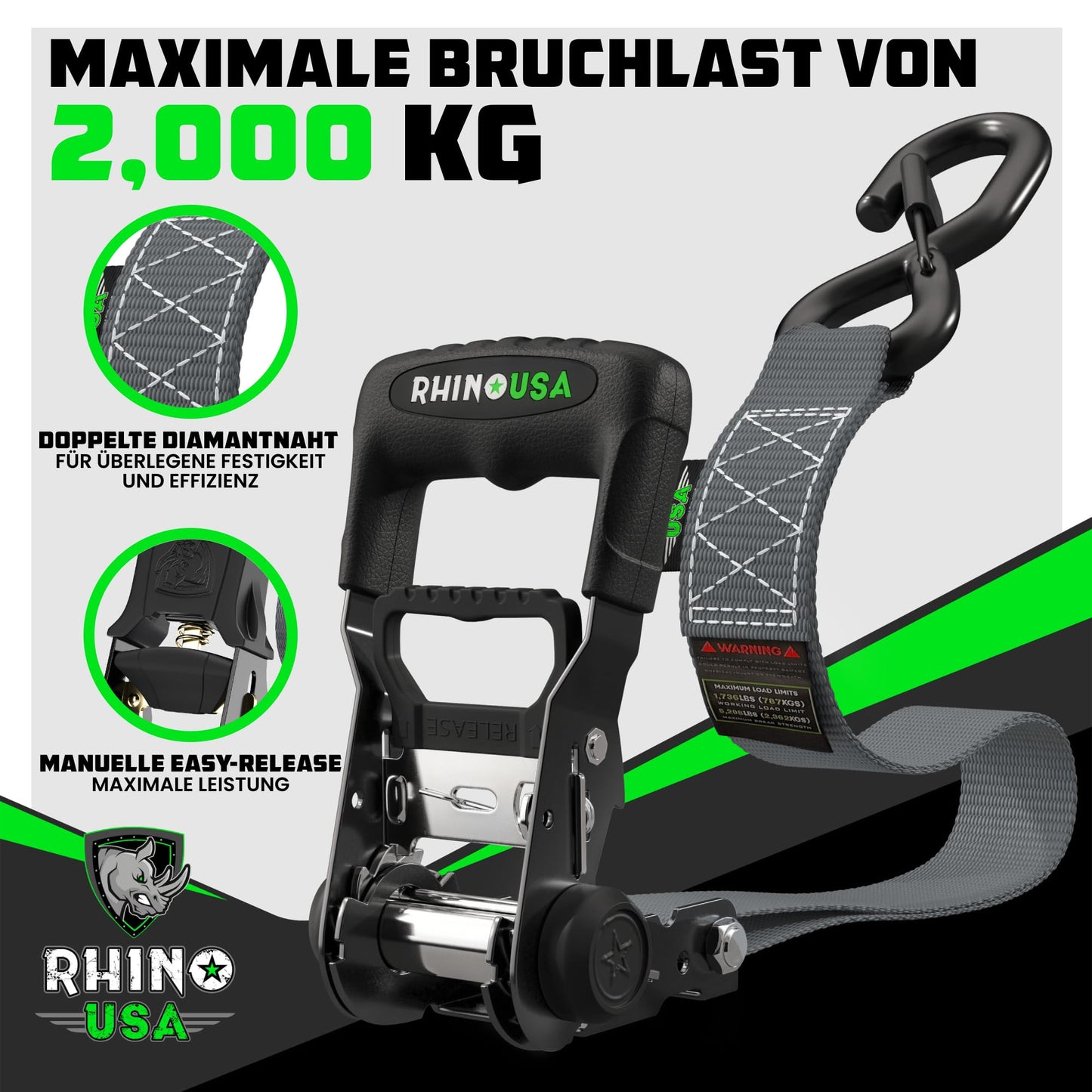 Rhino USA Ratchet Tie Down Straps (4-pack): 2000kg Tensile Strength in Gray