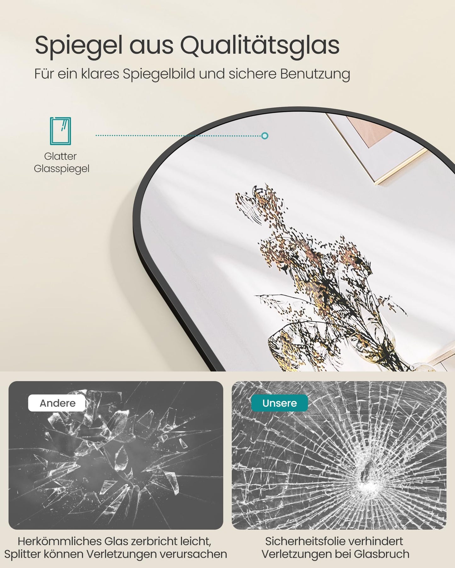 SONGMICS curved full-length mirror: aluminum alloy frame, tempered glass
