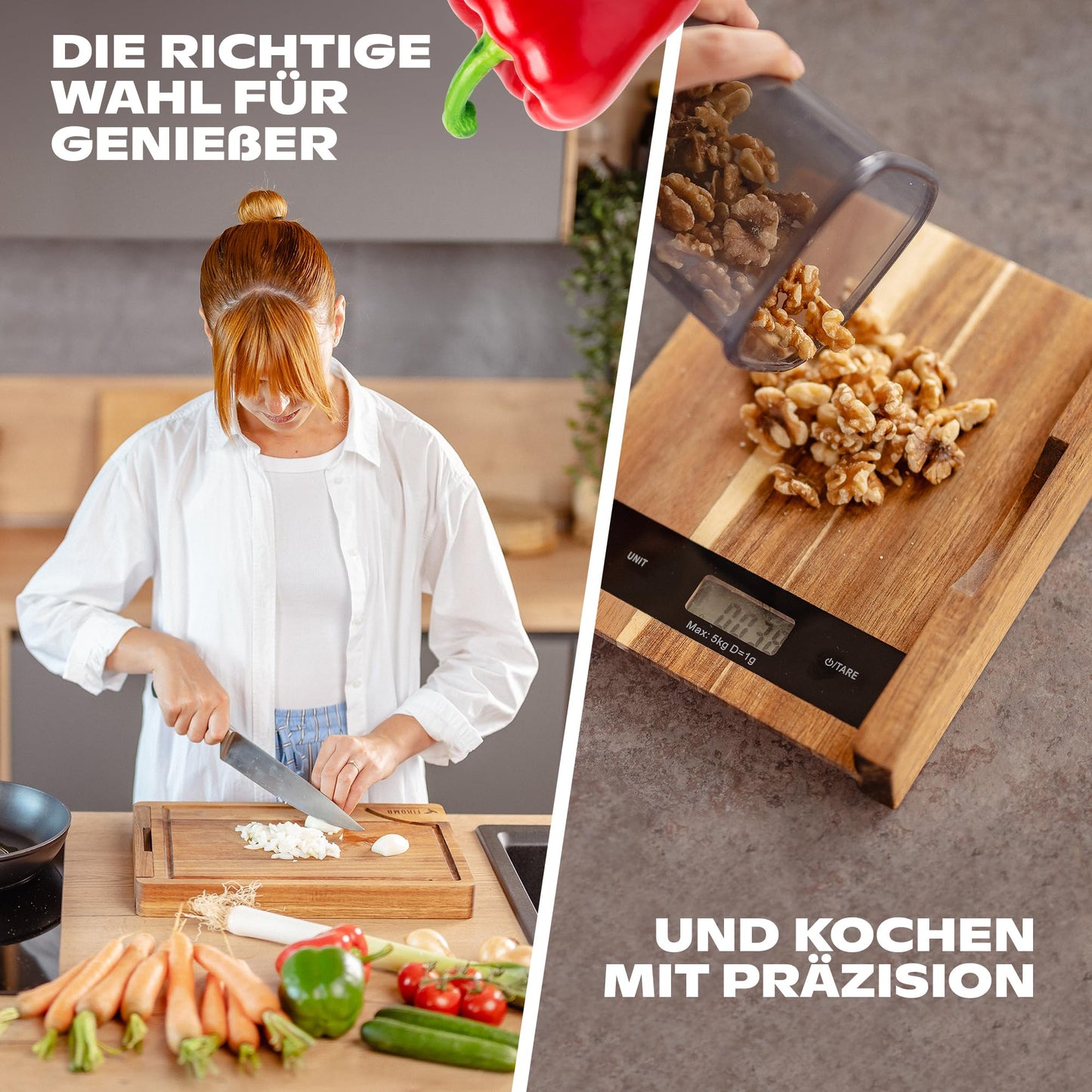 Holz-Schneidebrett mit Küchenwaage (Digital): Holzbrett Küche, Schneidebrett