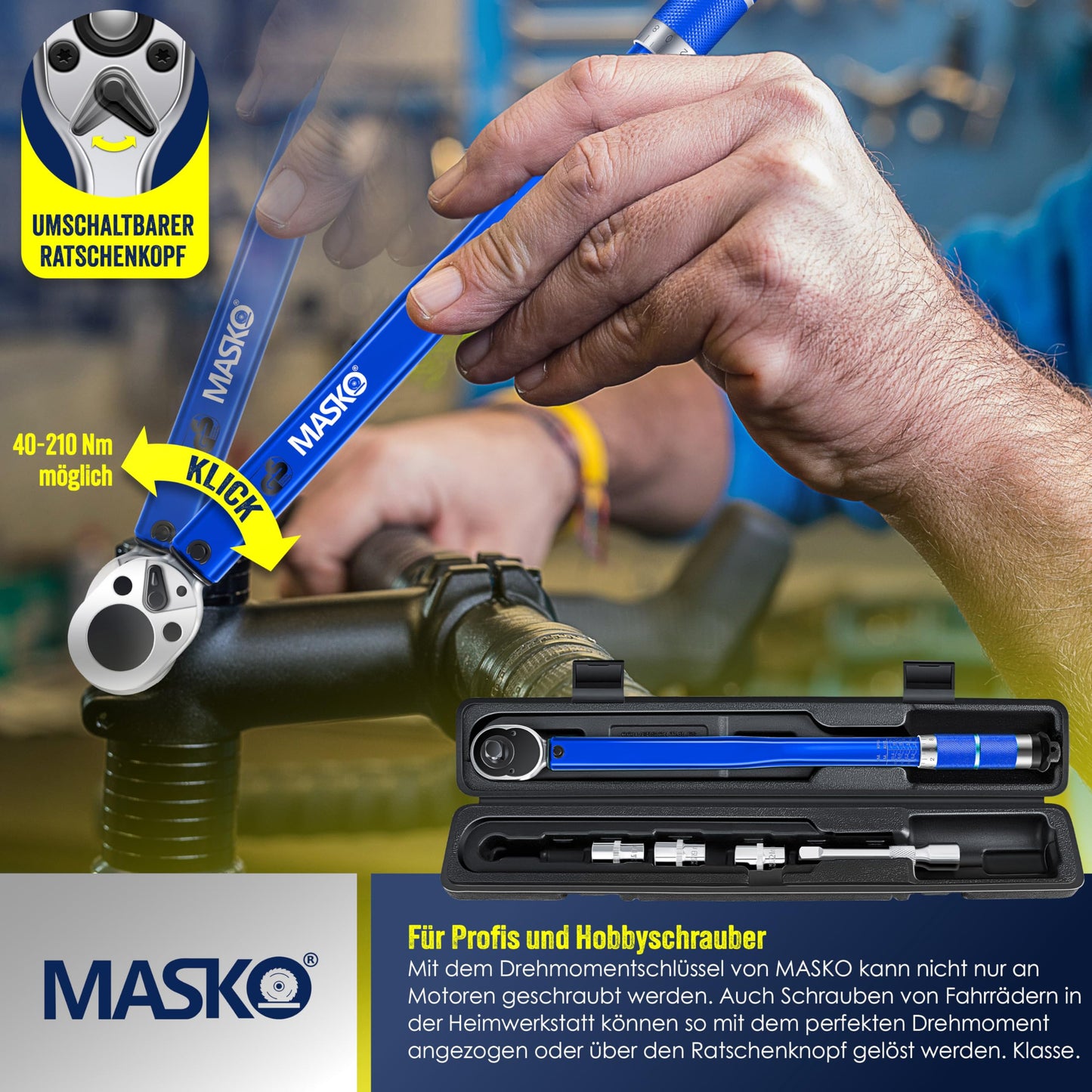 MASKO® torque wrench (6-piece): 40-210Nm 1/2' CV incl. 3 sockets + assembly gloves case