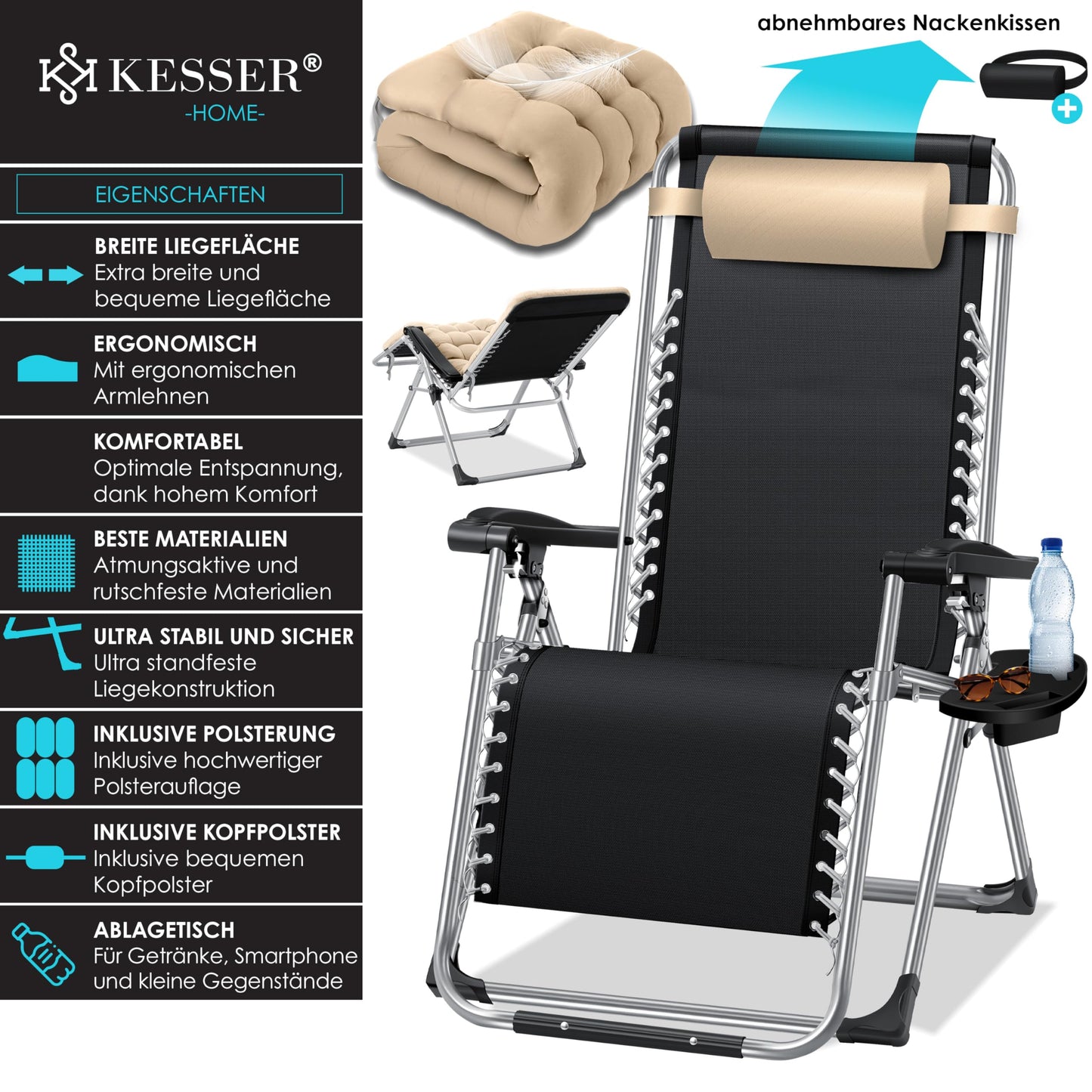 KESSER® Sonnen-Liegestuhl: Klappbar & Wetterfest inkl. Nackenkissen & Getränkehalter