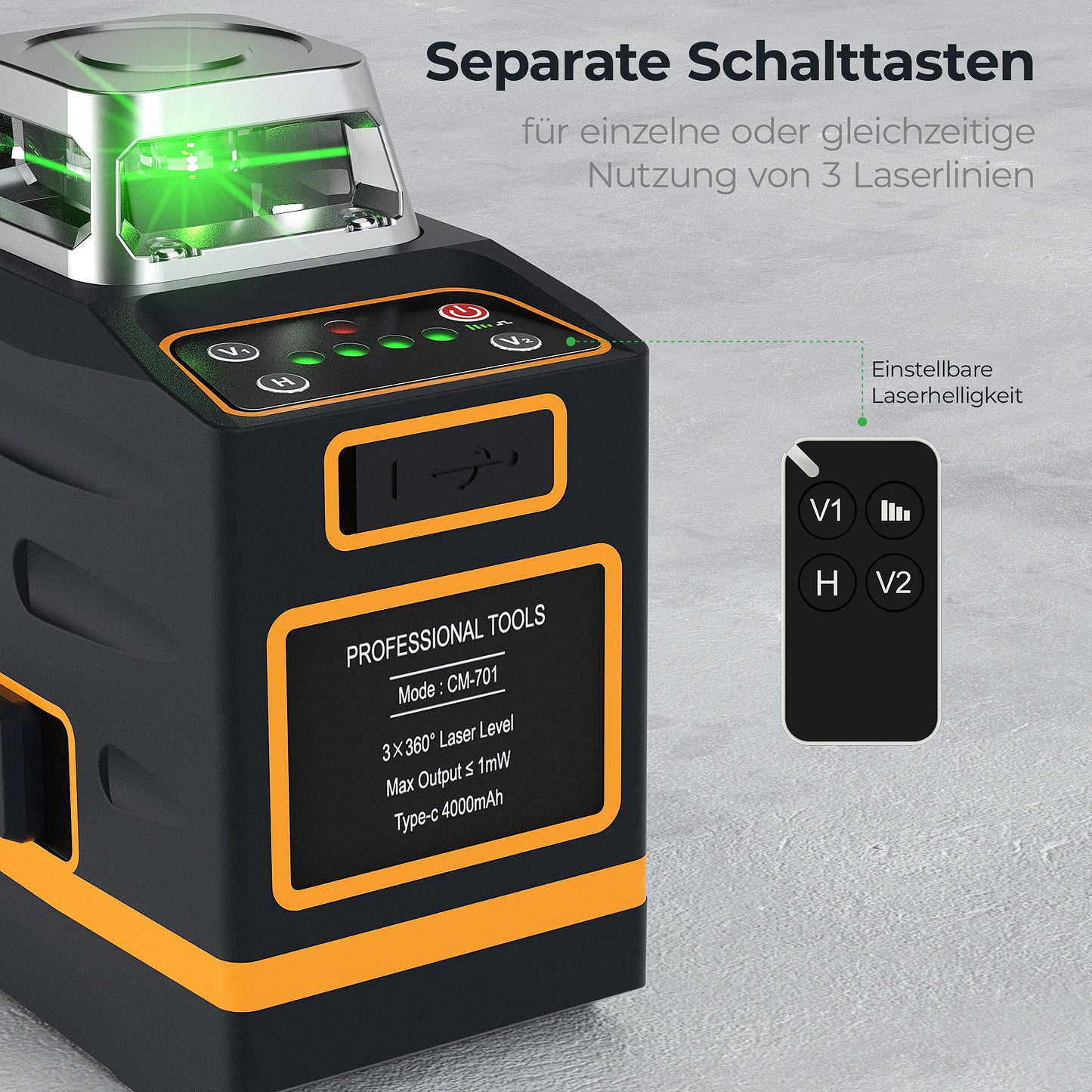 Cross line laser, CIGMAN (3x360 degrees) Green: Self-leveling laser spirit level, construction laser