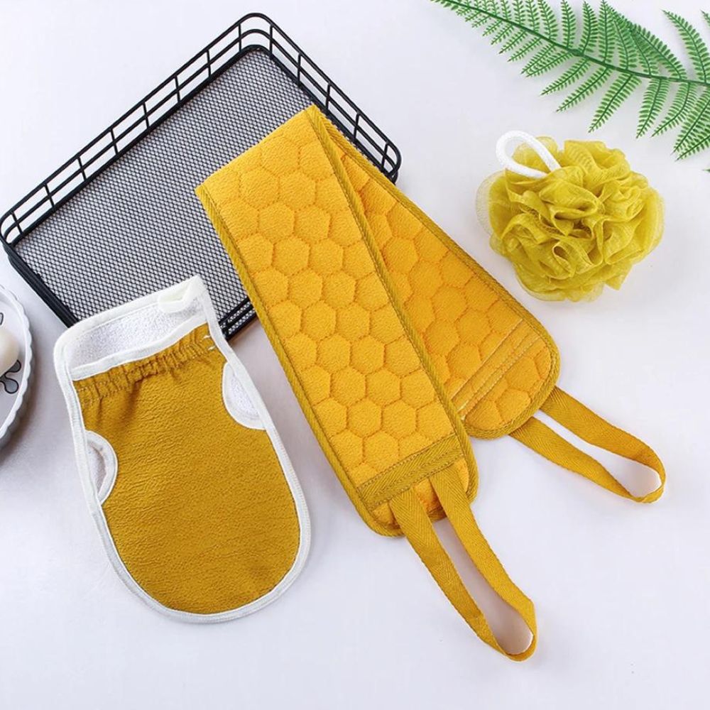 3-piece Body Scrub Set: Back Scrubber - Bath Glove - Shower Brush