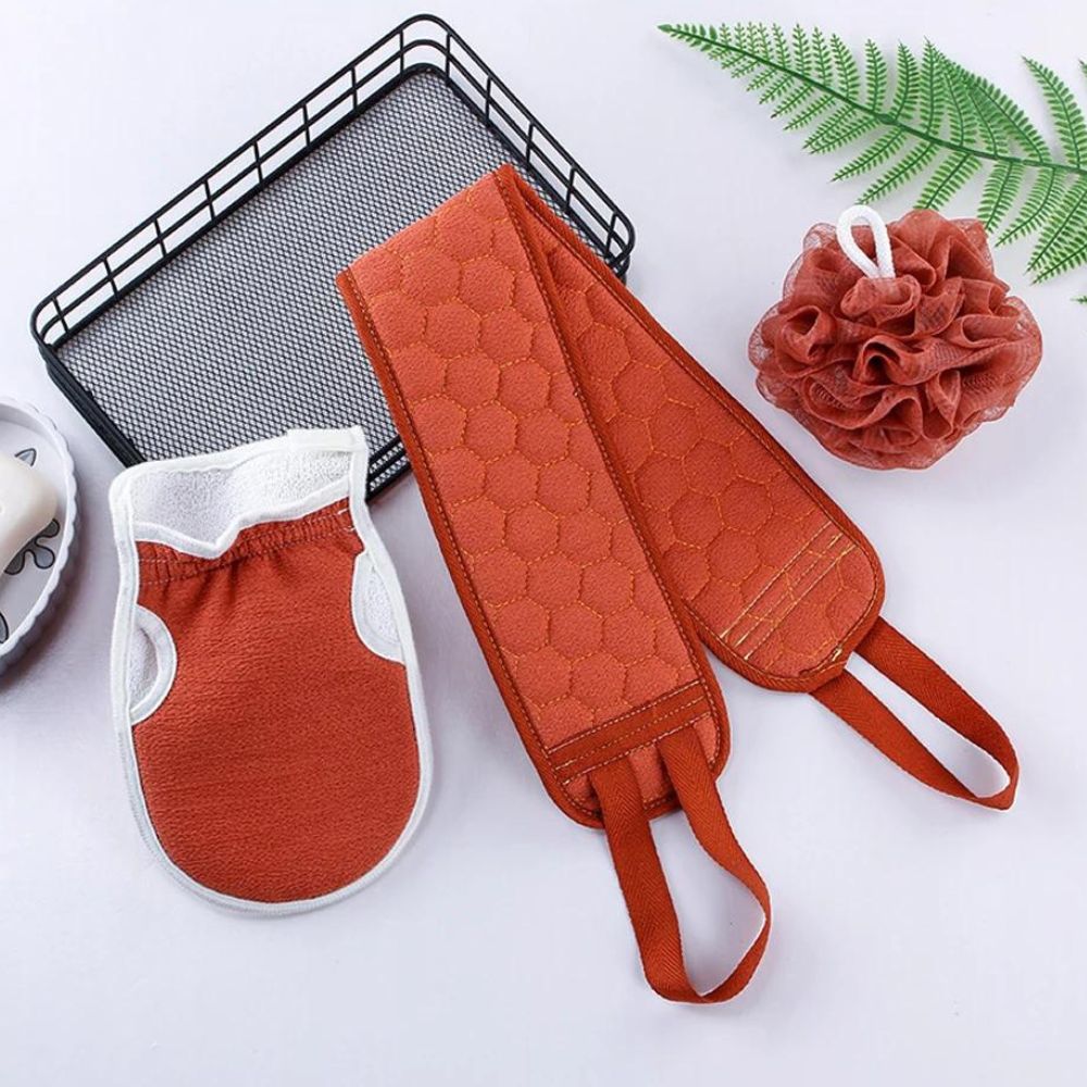 3-piece Body Scrub Set: Back Scrubber - Bath Glove - Shower Brush