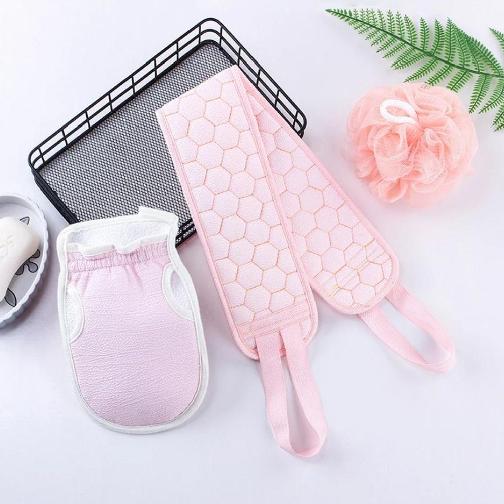 3-piece Body Scrub Set: Back Scrubber - Bath Glove - Shower Brush