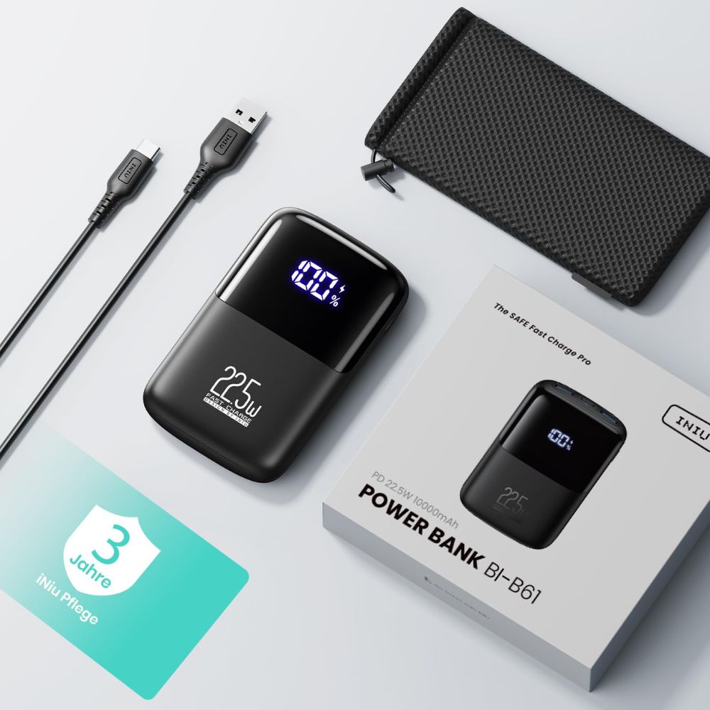 INIU Powerbank (10000mAh - 22.5W) with LED display: Small but powerful | USB-C input &amp; output