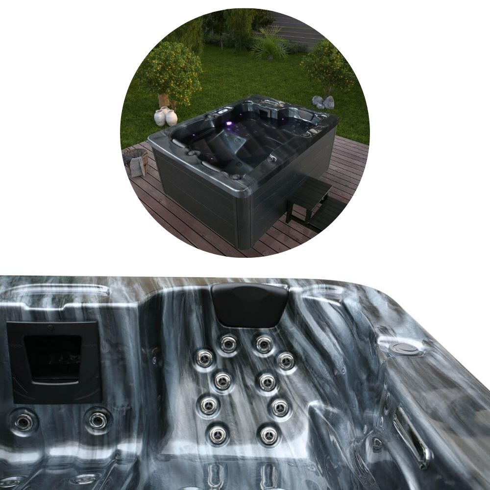 Home Deluxe Outdoor Whirlpool 'Black Marble Plus' with stairs and thermal cover: Heating, LED