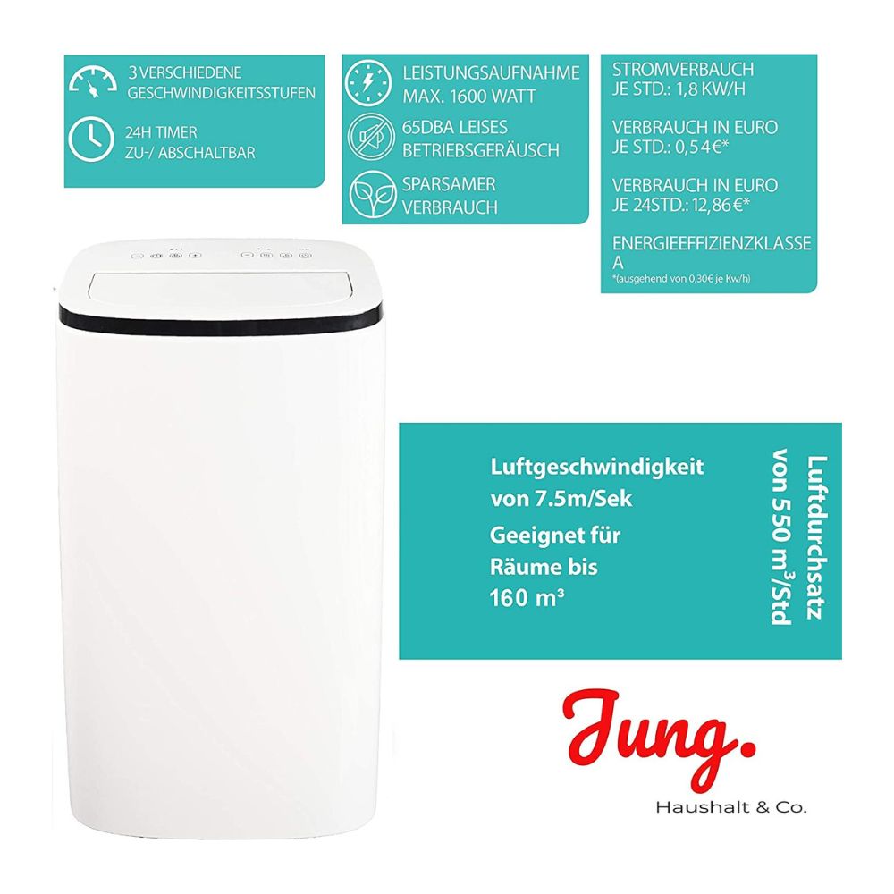 JUNG 'TV08' Mobile Klimaanlage mit Fernbedienung: 16000 BTU, 4,7kW | Kühlen, Entfeuchten, Ventilieren