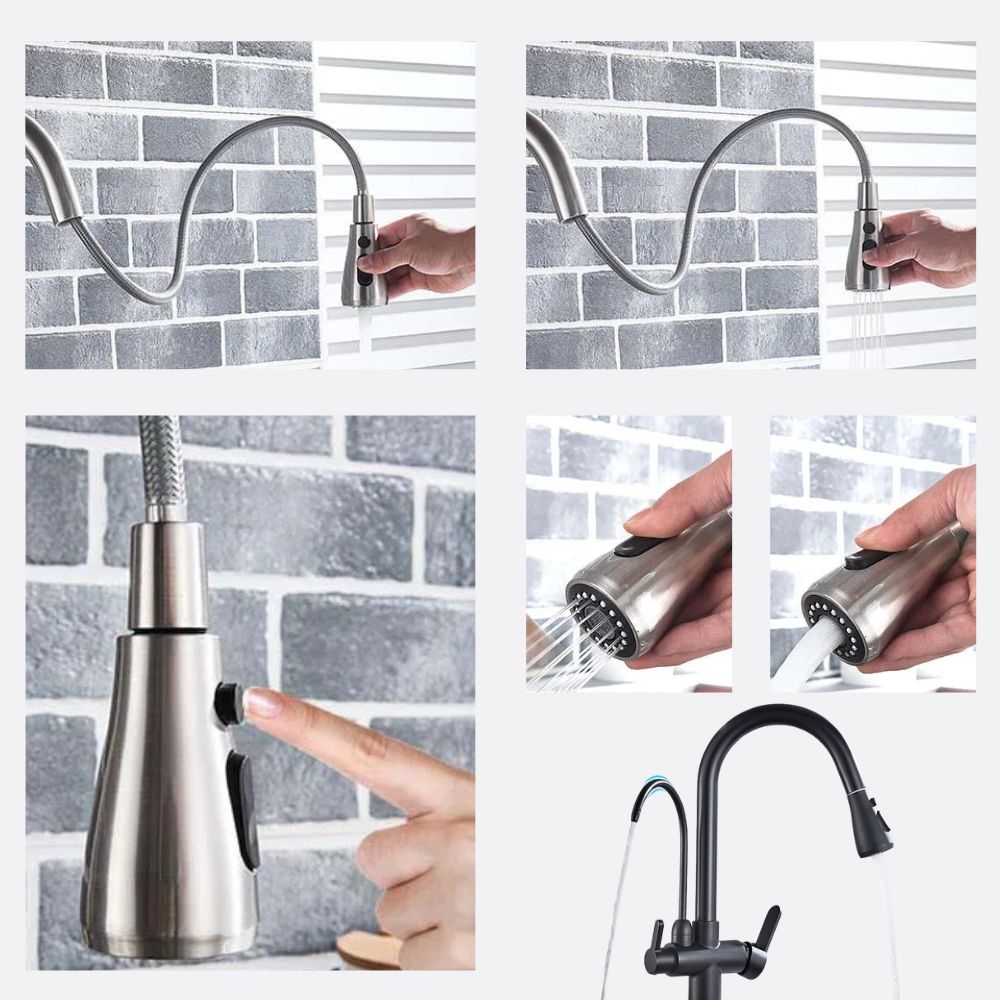 Dual-Wasserhahn mit Filteranschlussoption | 360° drehbar, herausziehbarer 3-Weg Sprüher