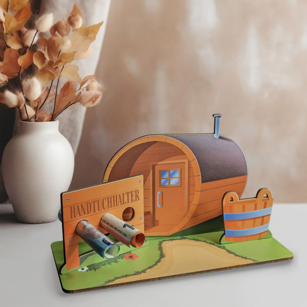 Sauna 3D wooden card: Gift set voucher card for wellness holidays