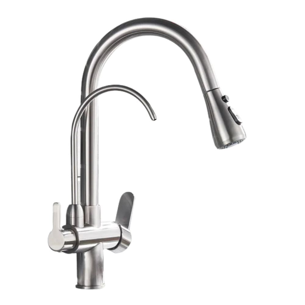Dual-Wasserhahn mit Filteranschlussoption | 360° drehbar, herausziehbarer 3-Weg Sprüher (Nickel-gebürstet)