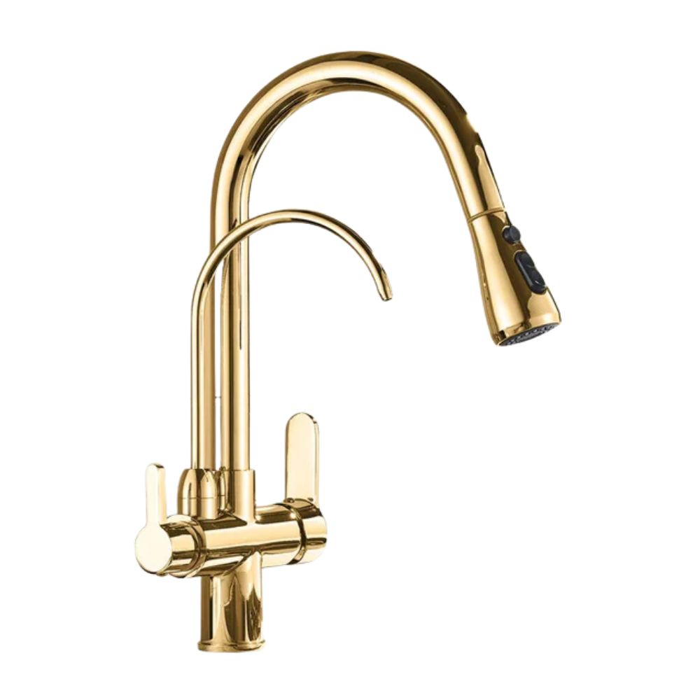 Dual-Wasserhahn mit Filteranschlussoption | 360° drehbar, herausziehbarer 3-Weg Sprüher (Golden)