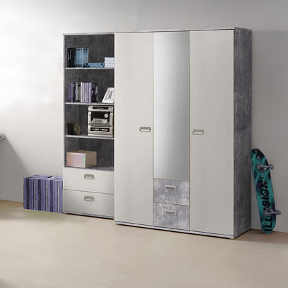 Wardrobe 'EMILY' with concrete look and mirror: light grey with white (Model: EMLS95-C251)