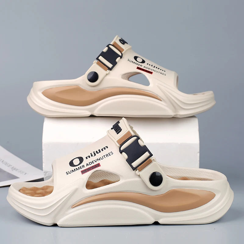 Sommer Massage Hausschuhe für Herren & Damen | Weiche Designer Pantoletten (Beige/Braun)