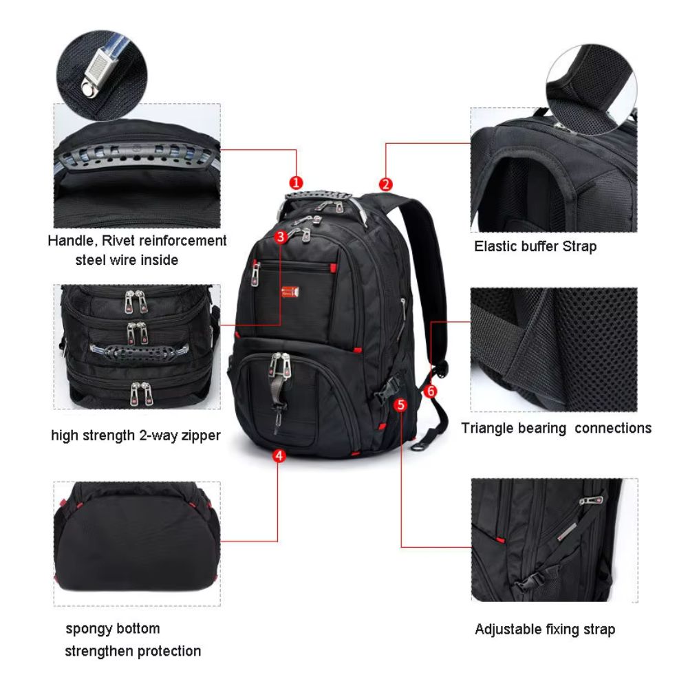 Swiss-Style 17-inch Multifunctional Travel Backpack with USB Port, Water-Repellent
