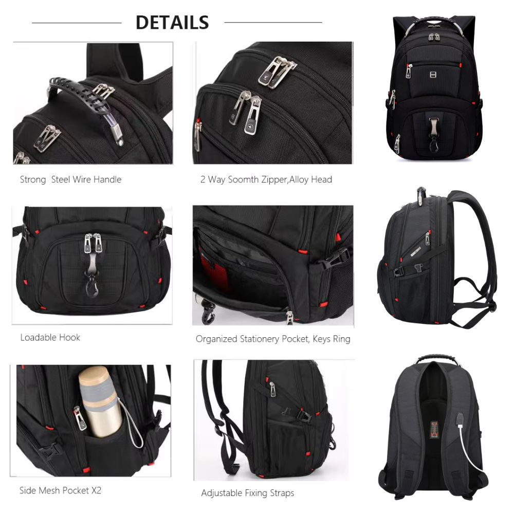 Swiss-Style 17-inch Multifunctional Travel Backpack with USB Port, Water-Repellent